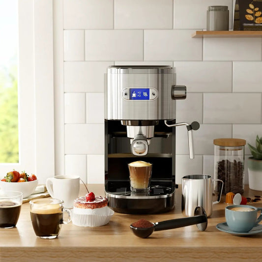 Kismile semi-automatic espresso machine with built-in grinder and milk frother, stainless steel on Tampa Home & Garden Store