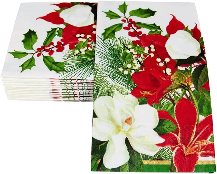 Christmas garden towels and buffet napkin set in red and white poinsettia holly on Tampa Home & Garden Store