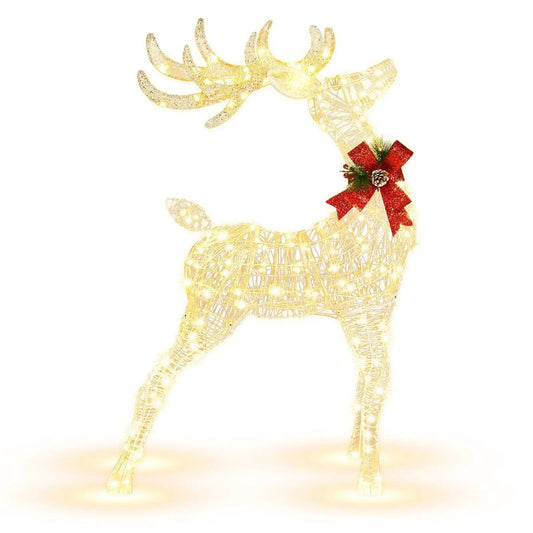 Lighted standing reindeer wire sculpture with warm white LEDs, glitter antlers, red bow on display on Tampa Home & Garden Store