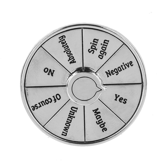 Decider Spinning Charm wheel with segmented disk showing Yes, Spin Again, Negative, Maybe on Tampa Home & Garden Store