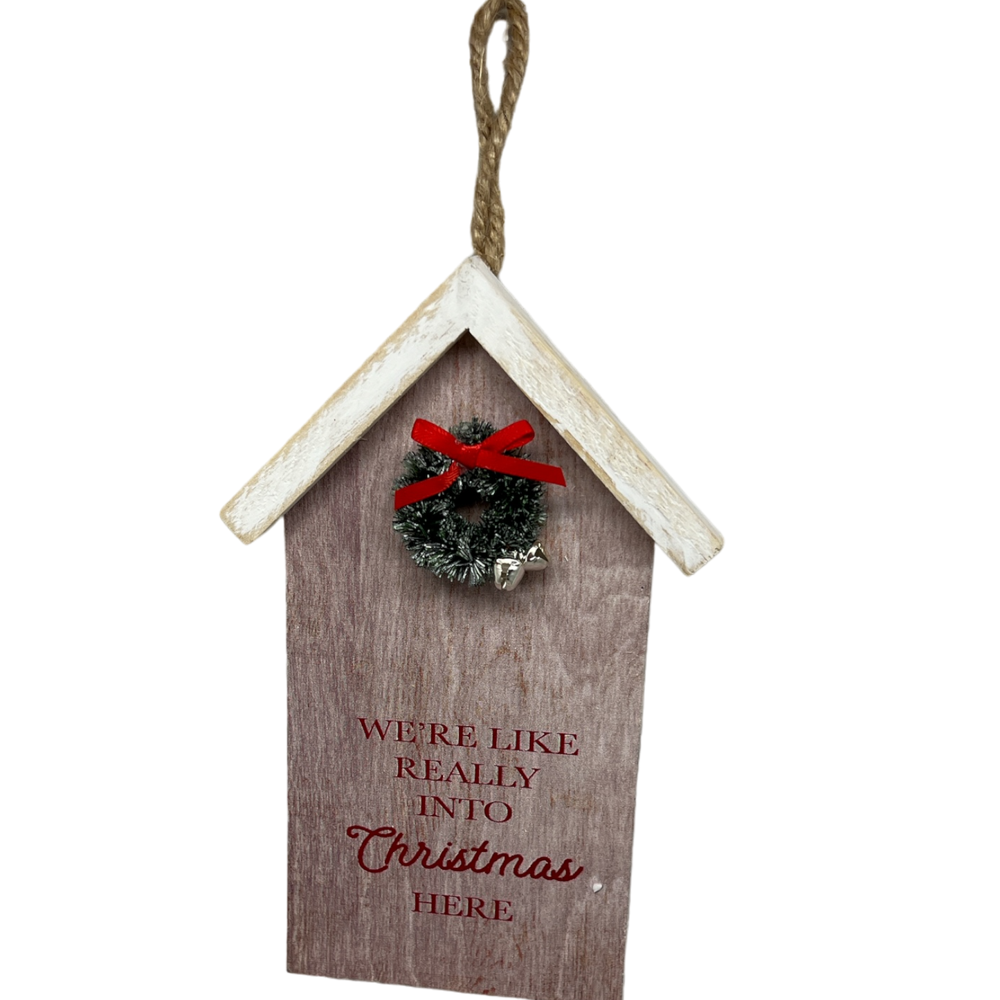 Really Into Christmas wooden house ornament with wreath and red bow, rustic jute hanger on Tampa Home & Garden Store