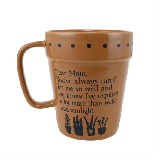 Planting Pot mug in terracotta brown with black dotted rim and Dear Mom message on Tampa Home & Garden Store