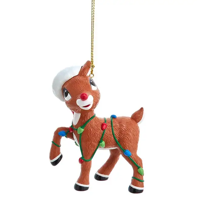 Plastic Rudolph Christmas ornament wrapped in colorful lights with Santa hat on Tampa Home & Garden Store