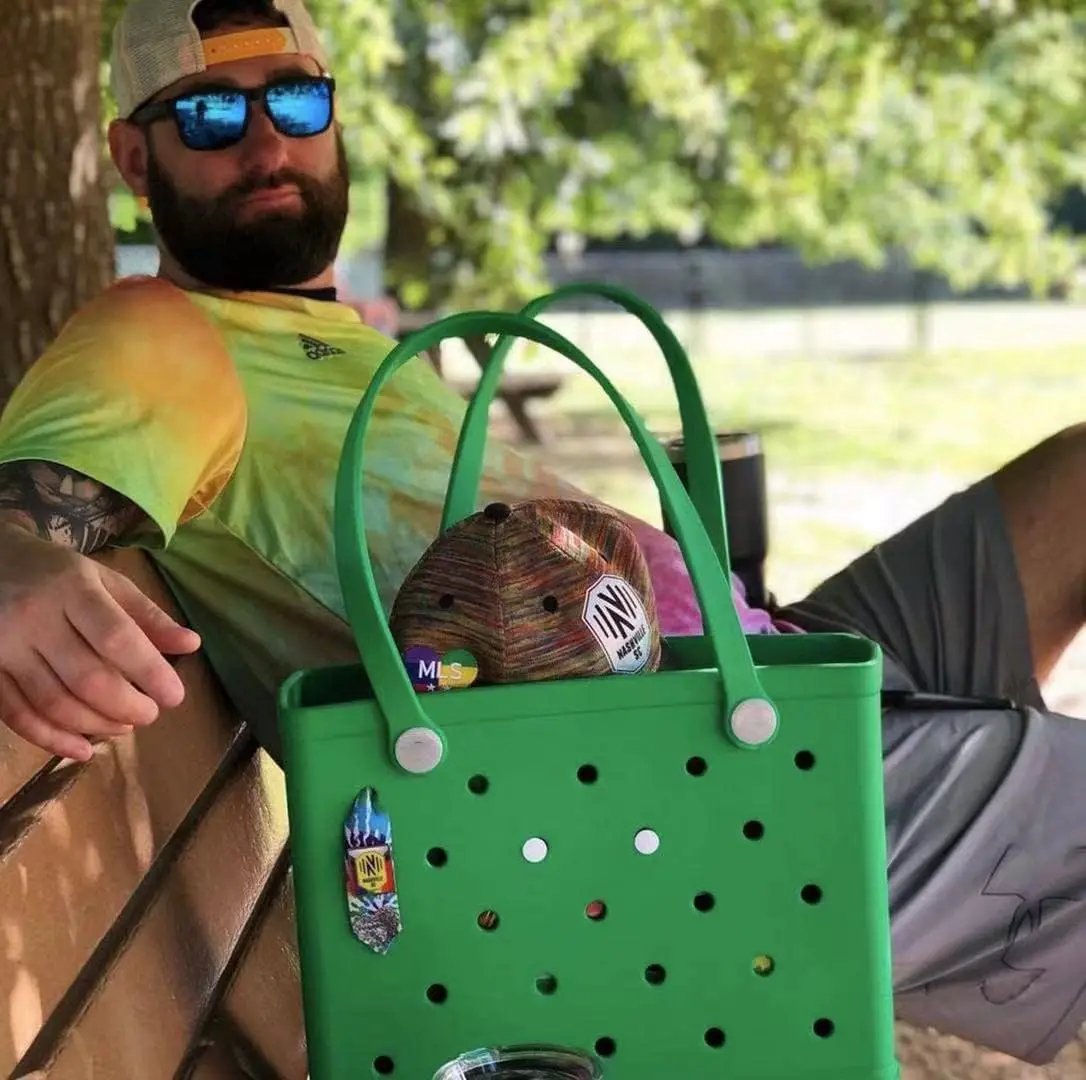 Waterproof EVA Beach Tote Bag large carryall green with round holes on Tampa Home & Garden Store