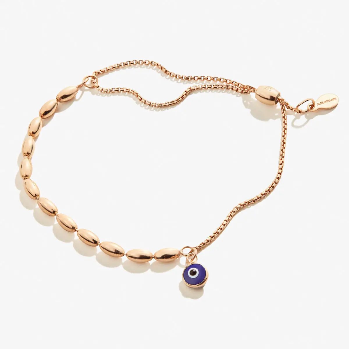 Evil Eye Pull Chain Bracelet by ALEX AND ANI with rose gold beads and blue eye charm on Tampa Home & Garden Store