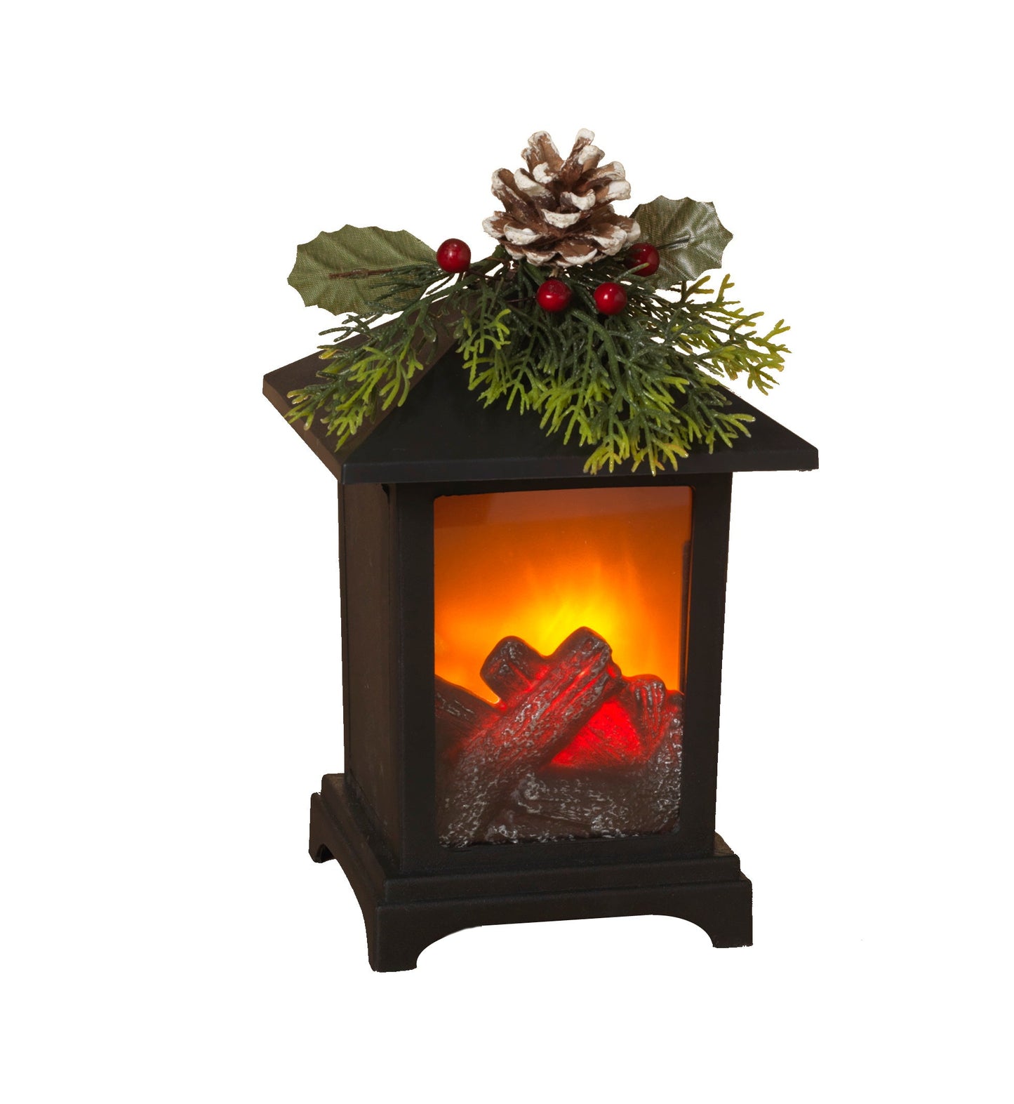 Lighted Fireplace Lantern with frosted pine cone, red berries and greenery on black base on Tampa Home & Garden Store