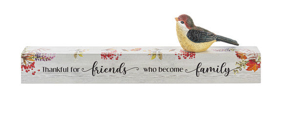 Whimsical shelf sitter decor sign with perched bird, MDF polyresin, leaves on Tampa Home & Garden Store