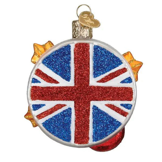 Rolling Stones Tongue Ornament glass ball with glitter Union Jack design, gold hanging cap on Tampa Home & Garden Store