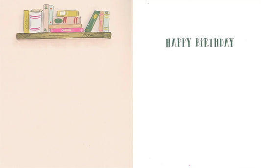 Notion Literarily the Best Birthday Card with pastel bookshelf and books beside a white panel on Tampa Home & Garden Store