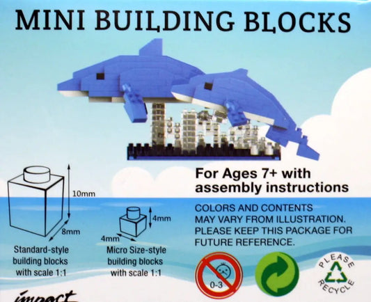 Mini Building Blocks Dolphins set with two blue dolphin blocks above a city skyline on Tampa Home & Garden Store
