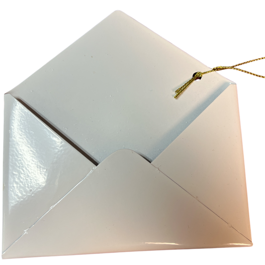 Envelope Gift Card Holder Ornament Santa themed white box with gold cord on Tampa Home & Garden Store