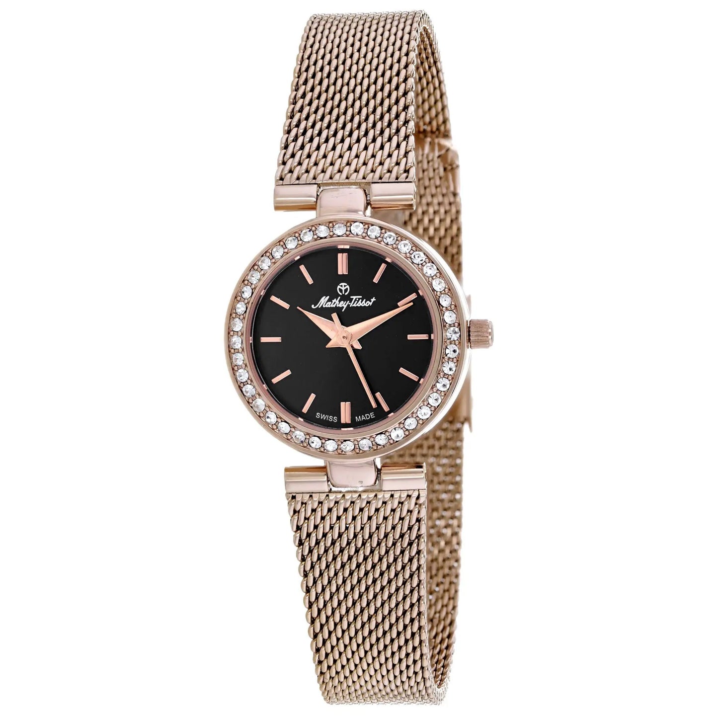 Mathey-Tissot Fleury XV quartz watch rose-gold mesh bracelet, black dial, crystal bezel on Tampa Home & Garden Store