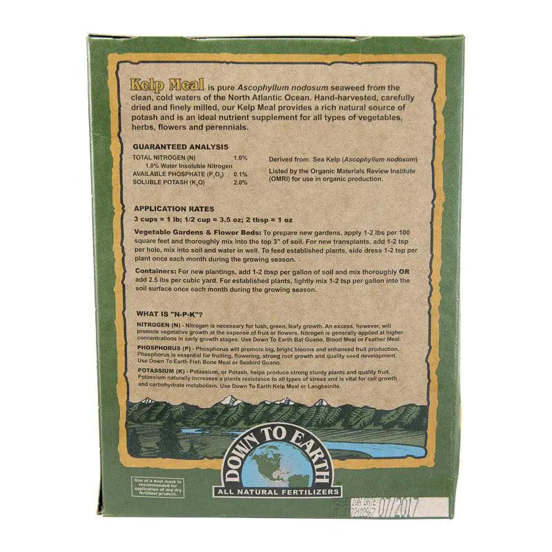 Kelp Meal Fertilizer 1-0-2, 4 lb box in green packaging with tan label Down To Earth on Tampa Home & Garden Store