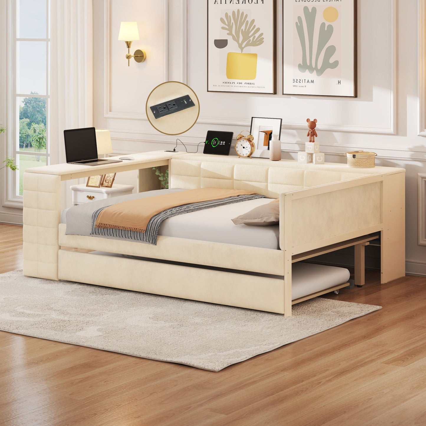 Upholstered platform bed with desk extension, charging station and pull-out trundle on Tampa Home & Garden Store