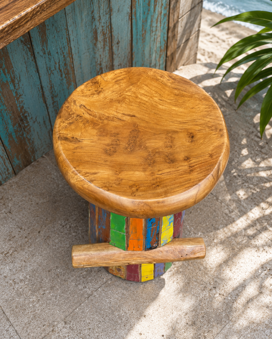 Reclaimed boat wood bar stool with seat and multicolor painted pedestal base Bali handmade on Tampa Home & Garden Store