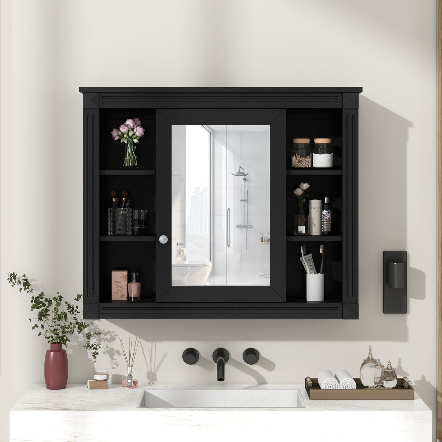 Black Wall Cabinet with Mirror and Open Shelves