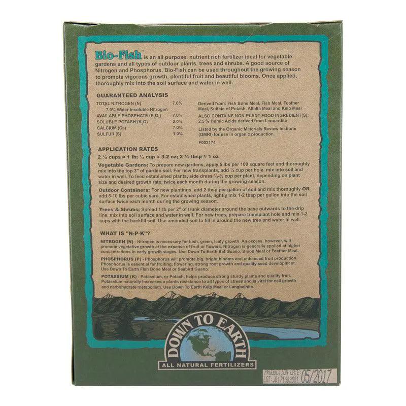Bio-Fish 7-7-2 all-purpose fertilizer box, Down To Earth packaging, green with teal border on Tampa Home & Garden Store