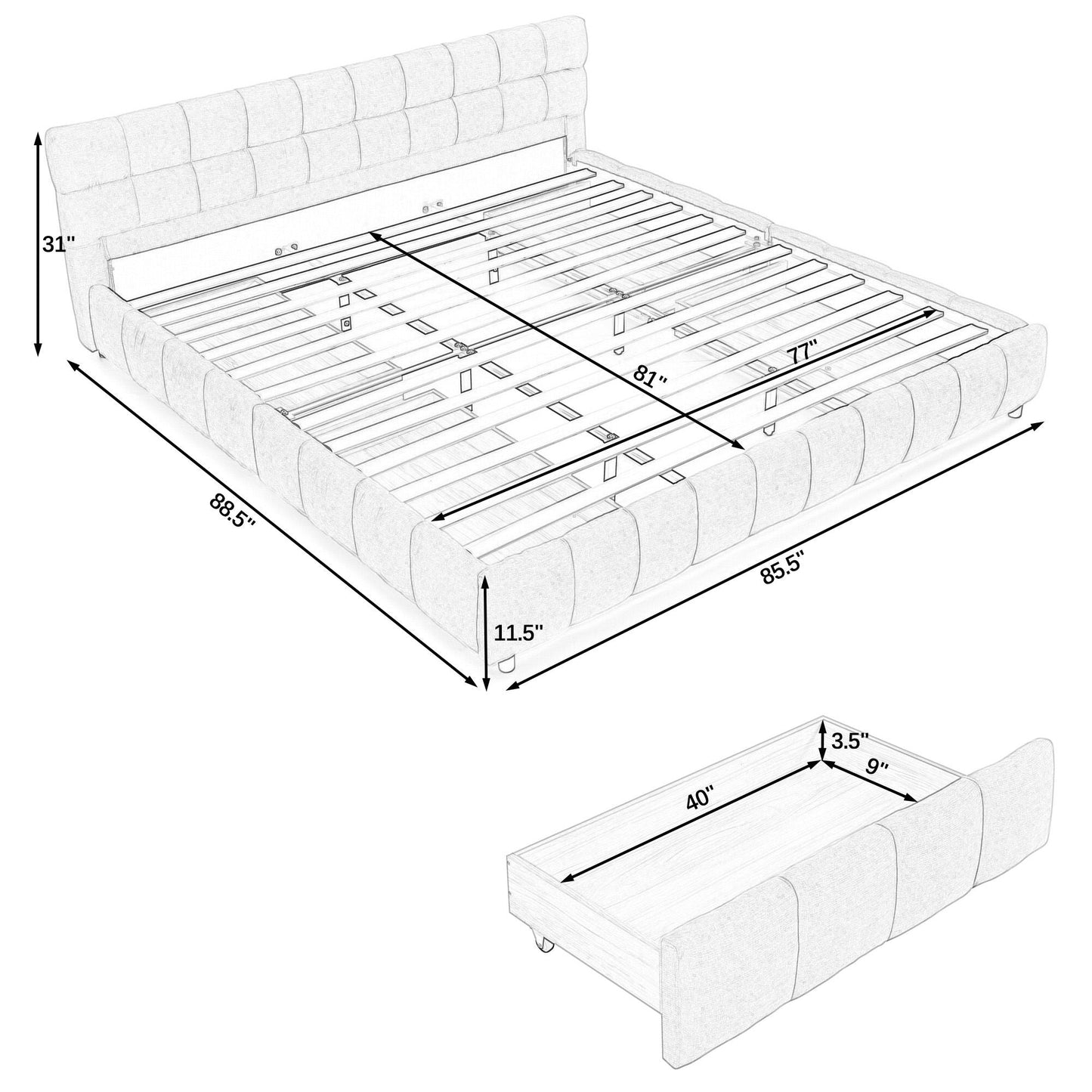 Modern Platform Bed and Thick Fabric Headboard