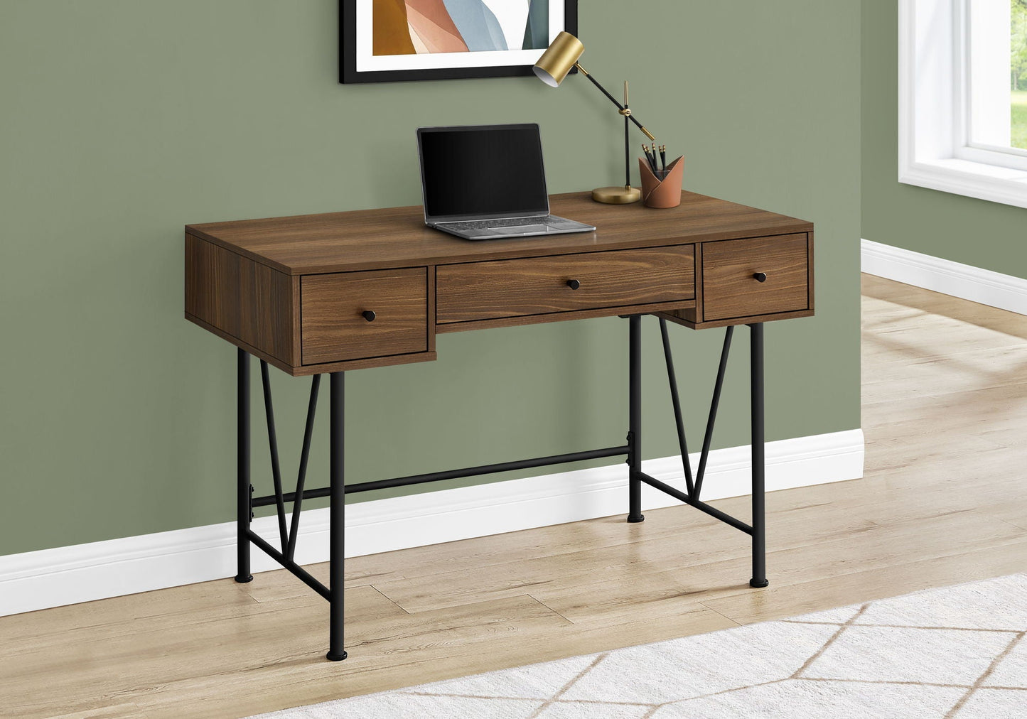 Computer desk for home office in walnut finish with 3 storage drawers and black metal legs on Tampa Home & Garden Store
