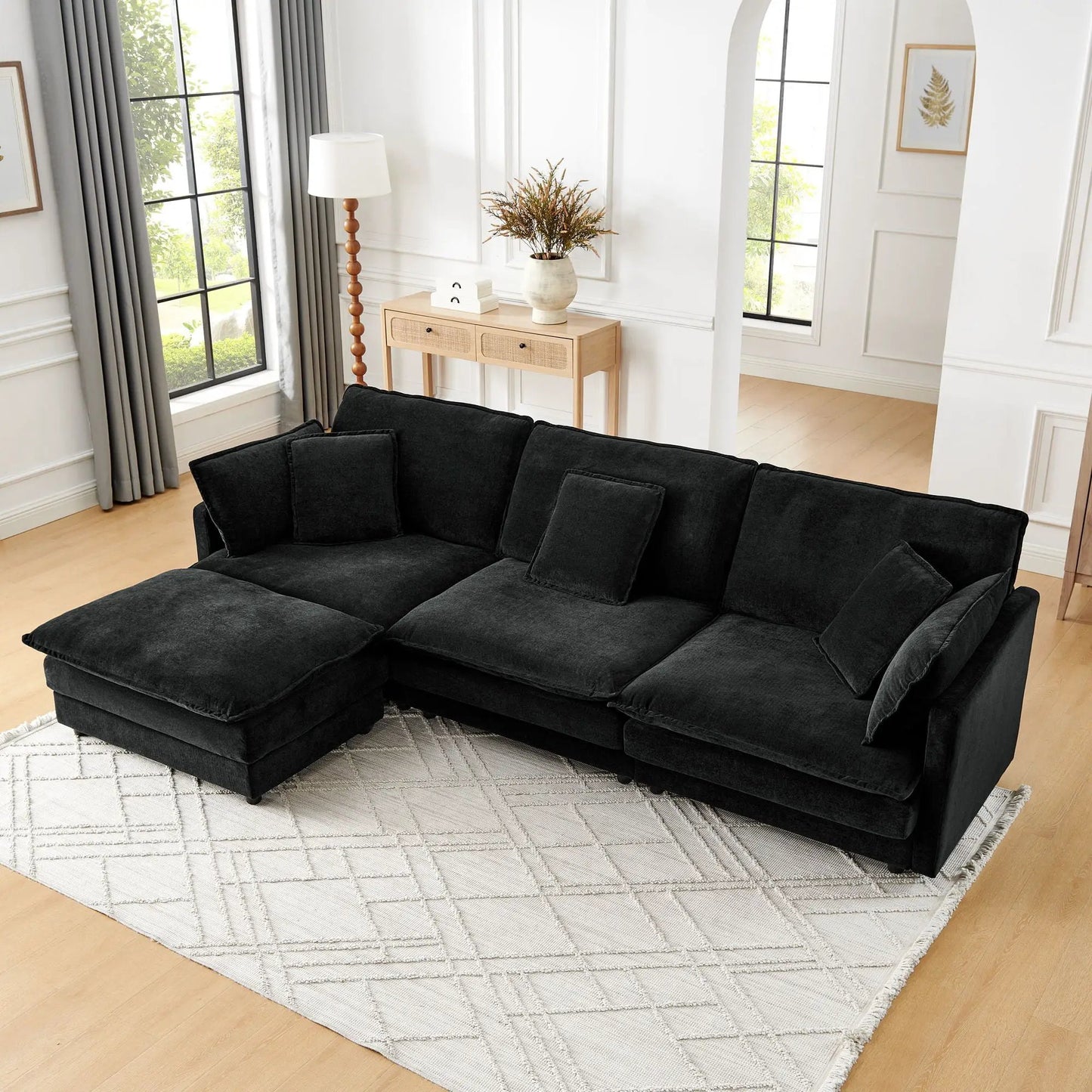 L-shaped sectional sofa with ottoman in black fabric, 2-piece set by Unique Piece Furniture on Tampa Home & Garden Store
