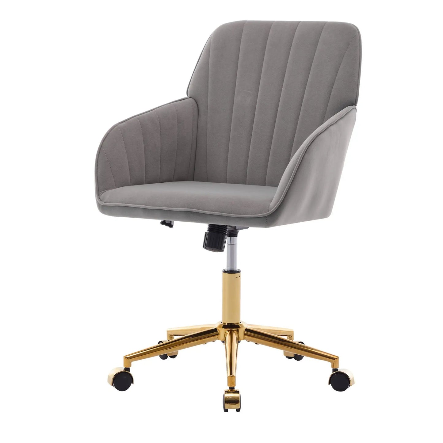 Adjustable ergonomic swivel office chair in gray upholstery with padded back and seat gold base on Tampa Home & Garden Store