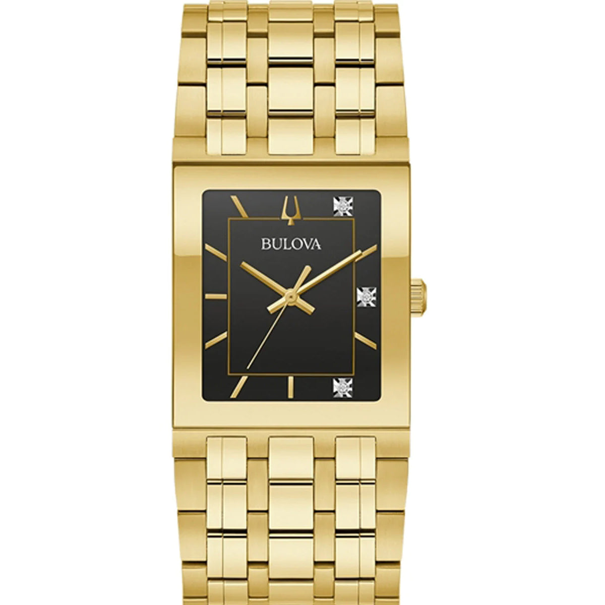 Bulova men's Quadra watch gold-tone stainless steel case and bracelet black dial with diamond accents on Tampa Home & Garden Store