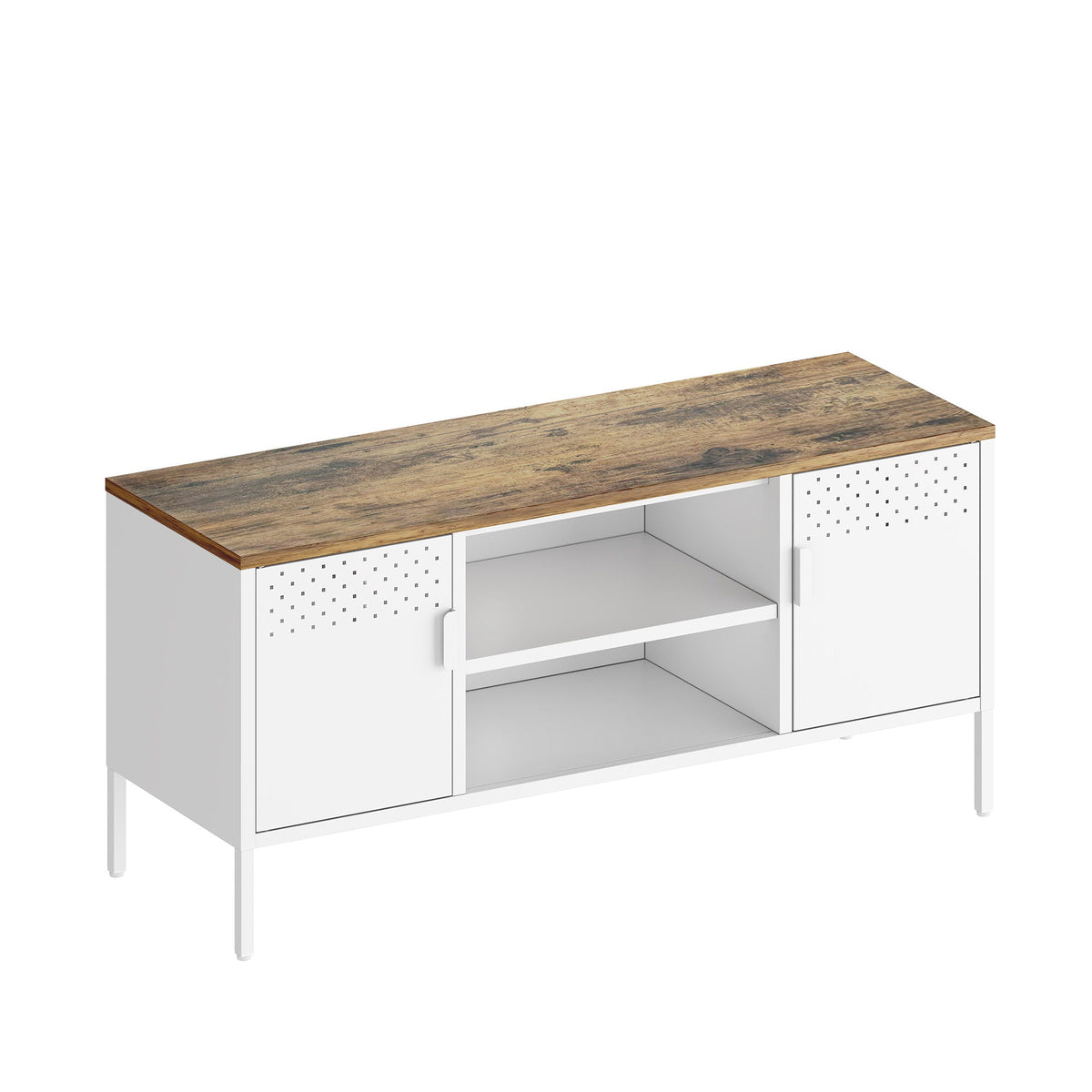 Storage TV stand with wood top, white finish, dual perforated cabinet doors and steel frame on Tampa Home & Garden Store