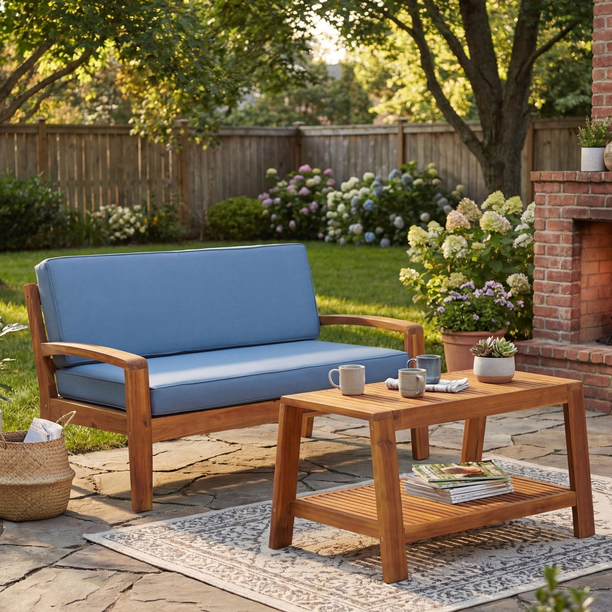 2 Piece Outdoor Loveseat & Coffee Table set in blue cushions with frame HouseOfZazla Store on Tampa Home & Garden Store