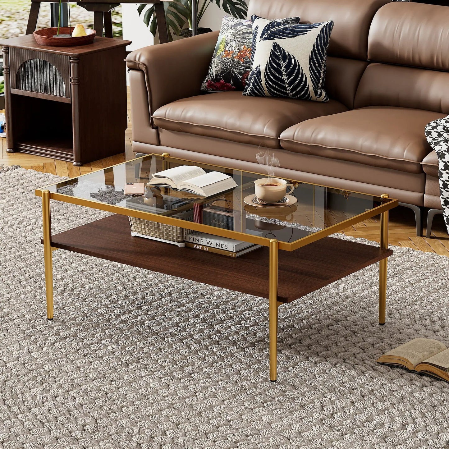 Rectangular tempered-glass coffee table with gold frame and dark wood shelf on Tampa Home & Garden Store