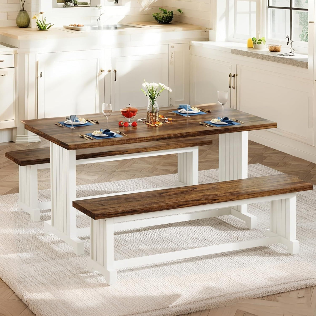 3 Piece Dining Table Set with Space Saving Benches - Brown/White, tabletop and white base on Tampa Home & Garden Store
