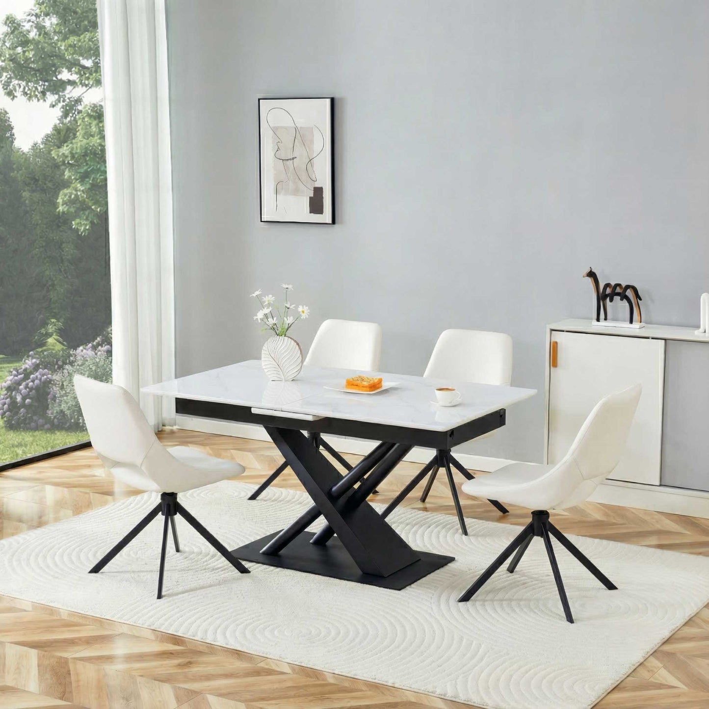 Geometric X Frame Dining Table With Marble Top