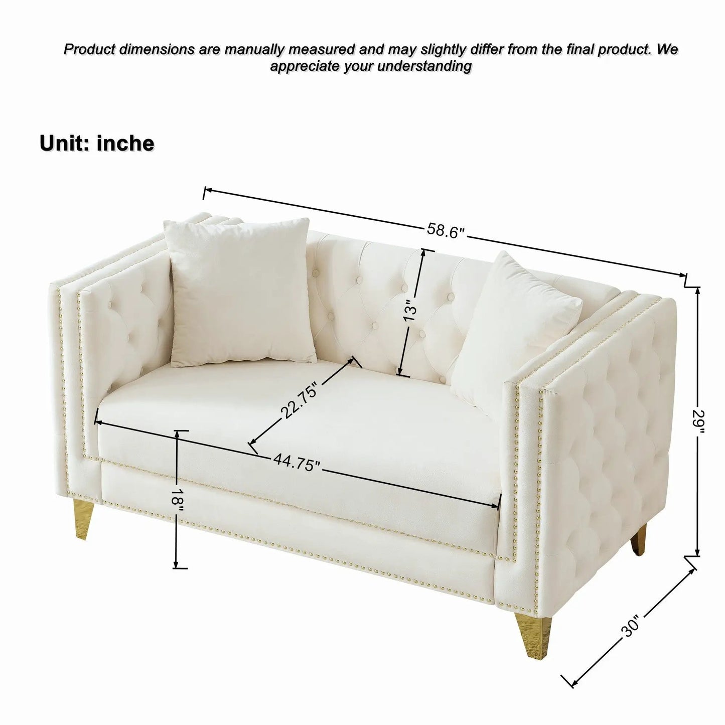 2 Seater Deep Seat Sofa with Button Nailhead Square Arm cream upholstery Unique Piece Furniture on Tampa Home & Garden Store