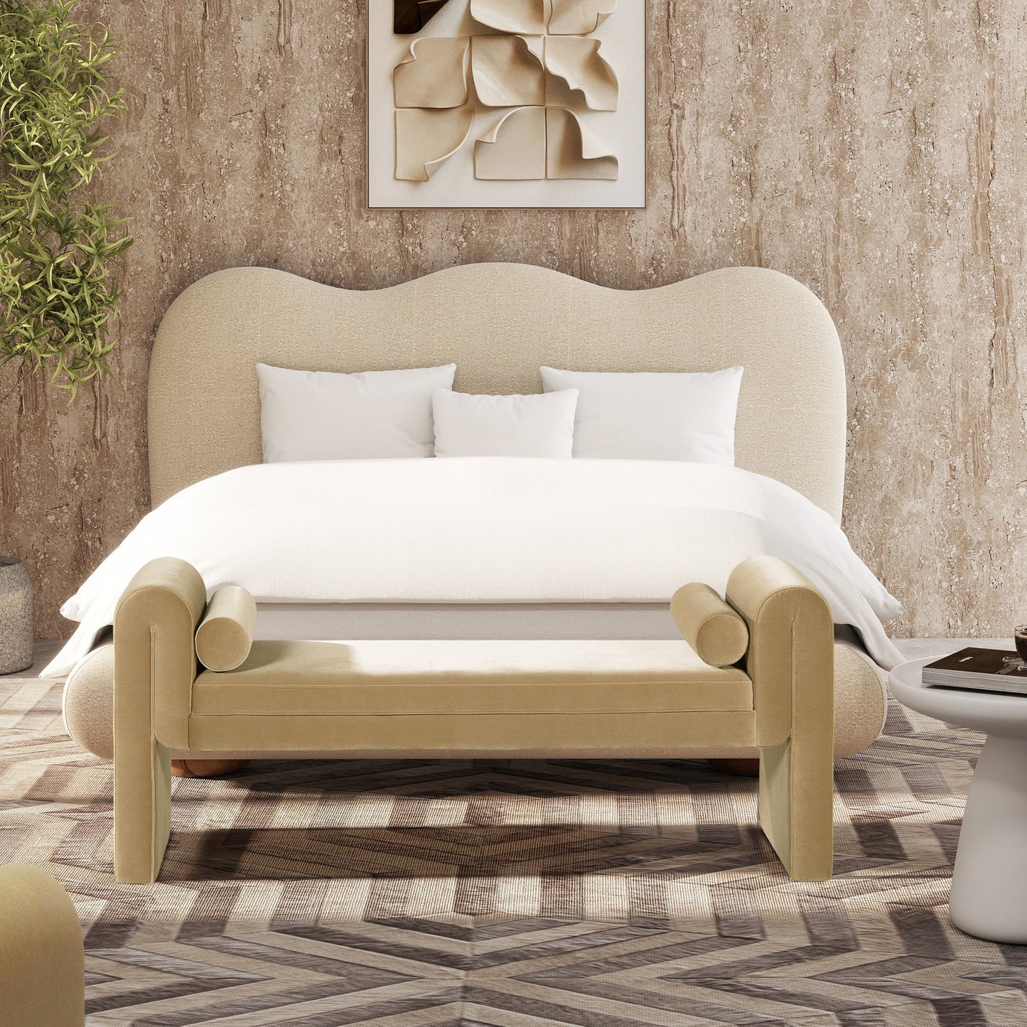 Mason 60.5-inch arched-arm upholstered beige bench with bolster pillows by HouseOfZazla on Tampa Home & Garden Store