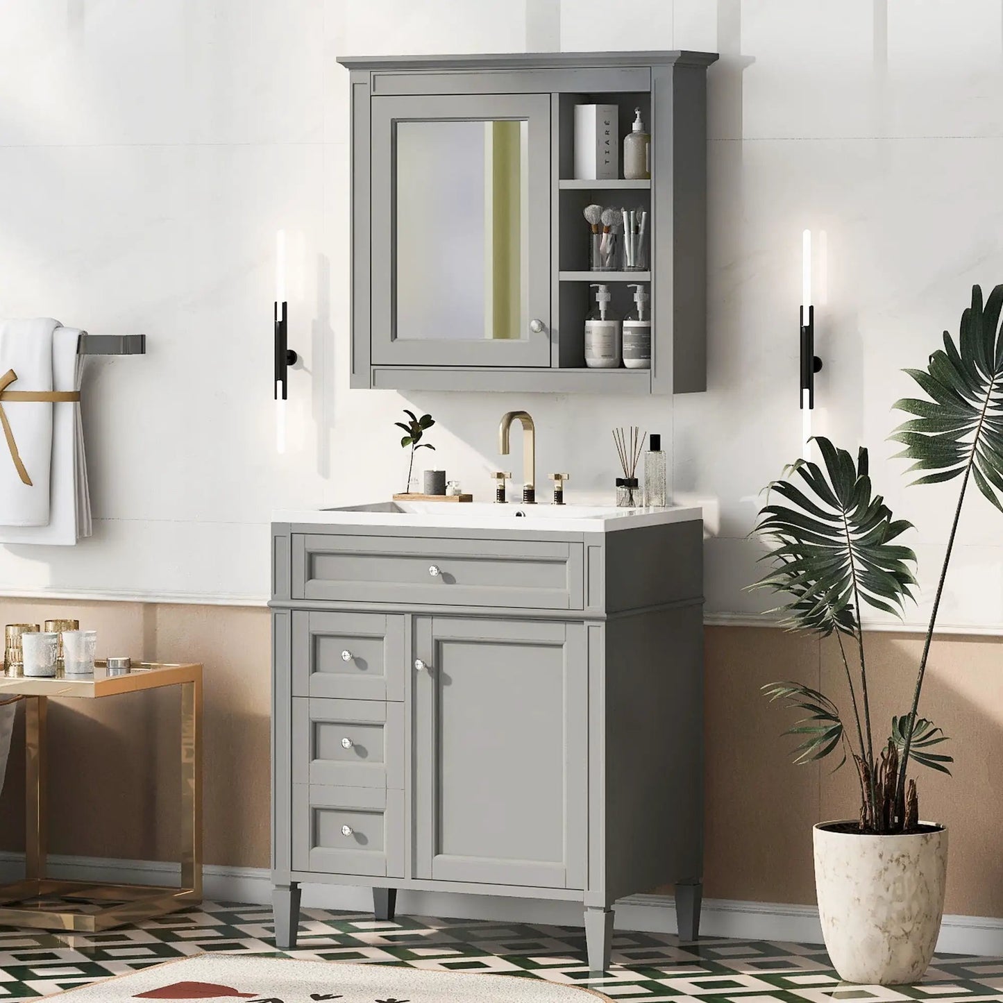 Bathroom vanity with medicine cabinet in gray, 2 soft-close doors and 4 drawers on Tampa Home & Garden Store
