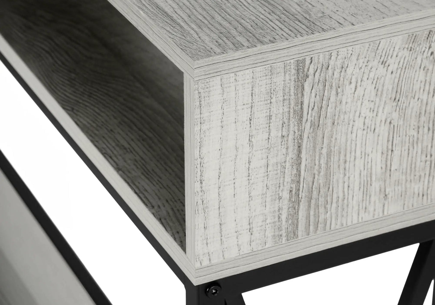 Accent console table for entryway in weathered gray woodgrain with black metal frame on Tampa Home & Garden Store