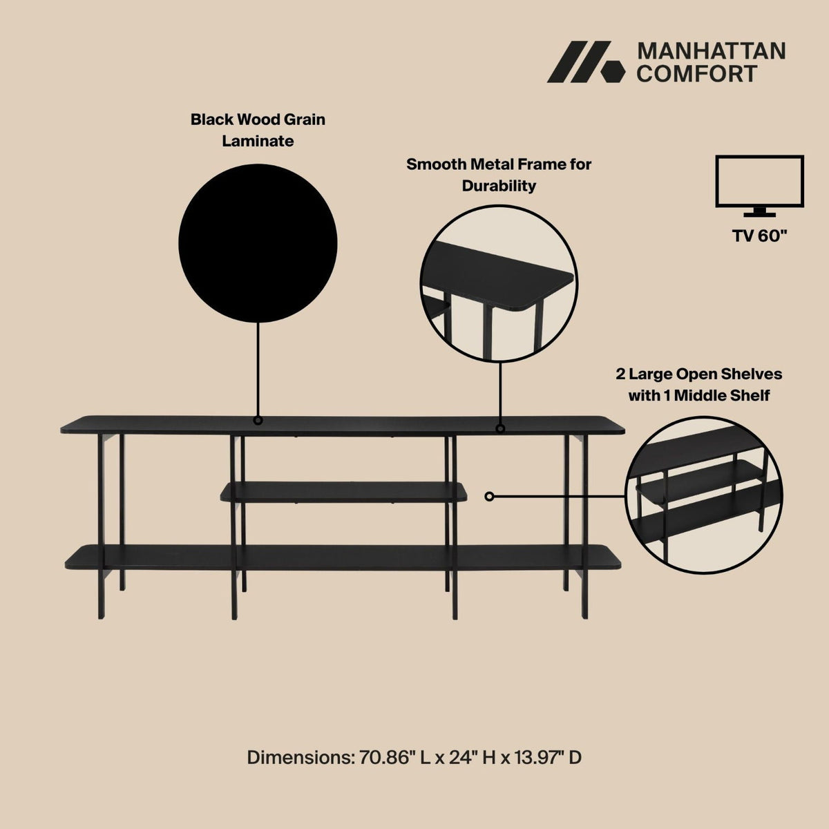 Celine 3-Shelf Console Table with black wood laminate and smooth metal frame Manhattan Comfort on Tampa Home & Garden Store