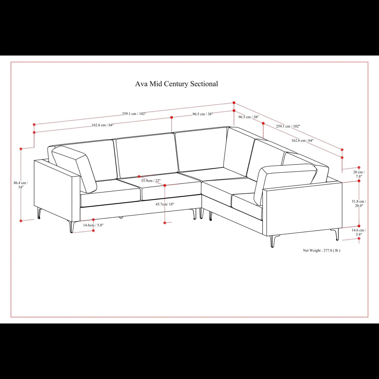 Ava Mid Century Corner Sectional line drawing with dimensions by Unique Piece Furniture on Tampa Home & Garden Store