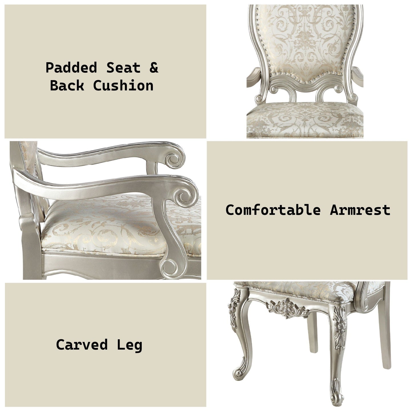 Bently Arm Chair (Set of 2) in champagne with padded damask upholstery and carved silver legs on Tampa Home & Garden Store