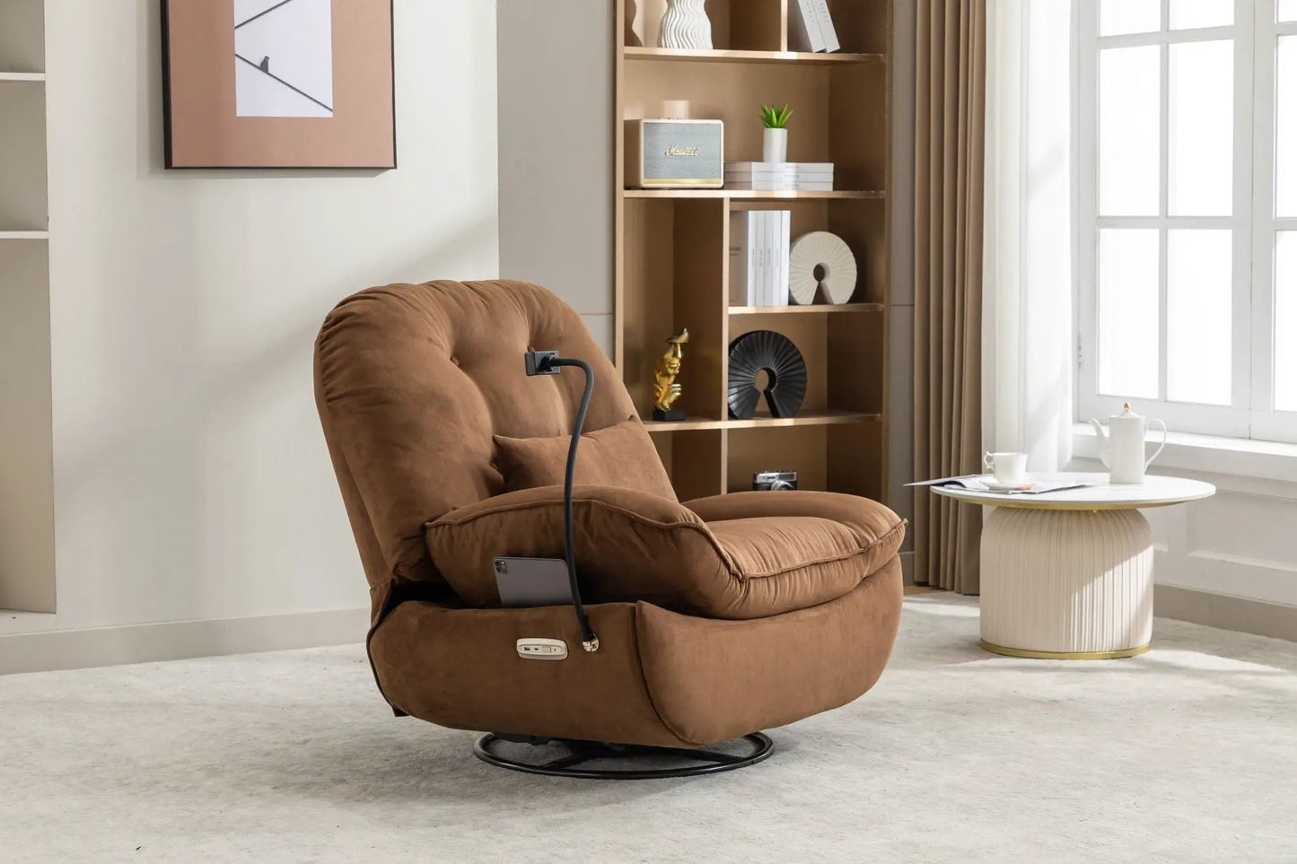 Power recliner swivel glider chair in brown suede fabric with built-in USB charger on Tampa Home & Garden Store