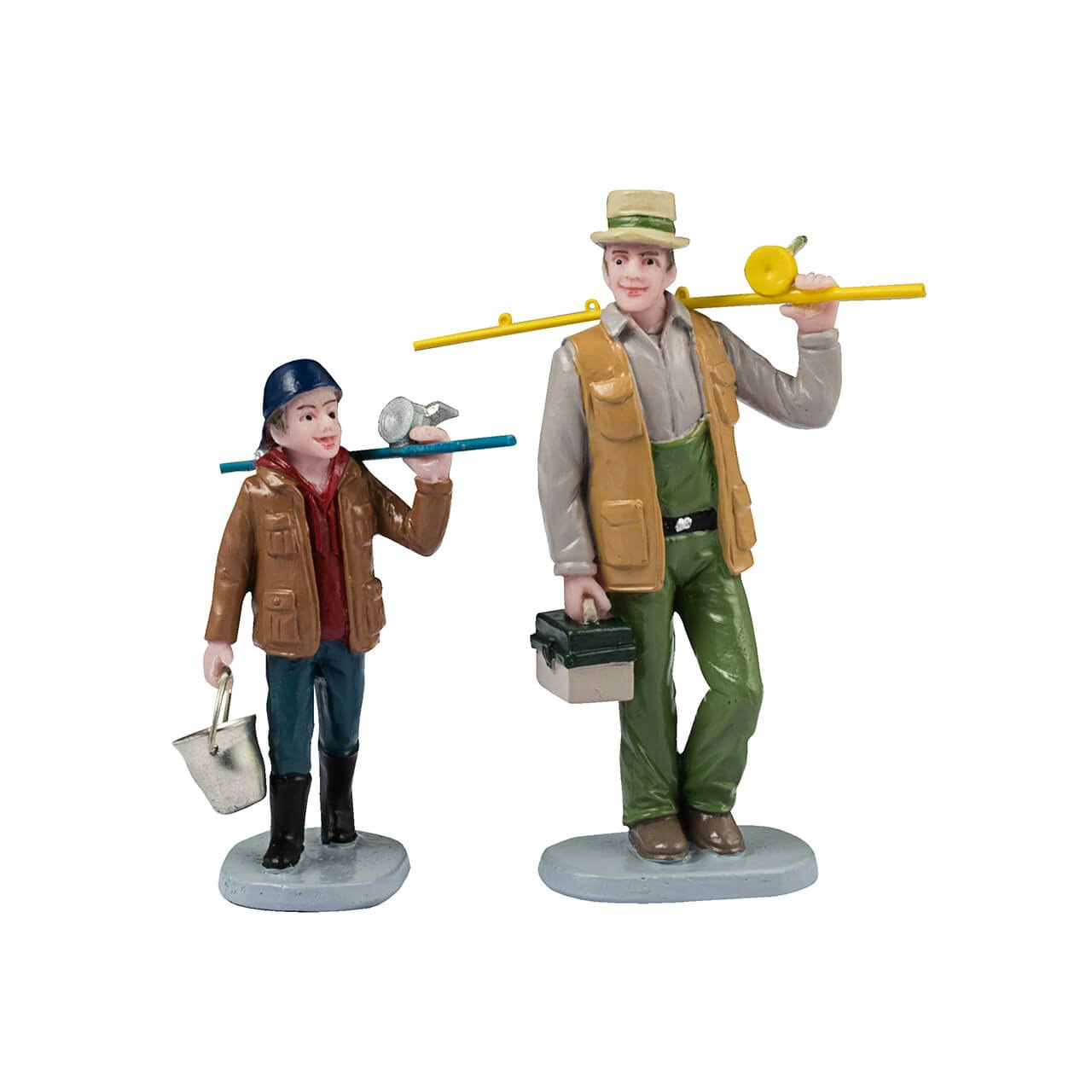 Two-piece Father and Son fishing village figurines with yellow and blue poles and bucket on Tampa Home & Garden Store