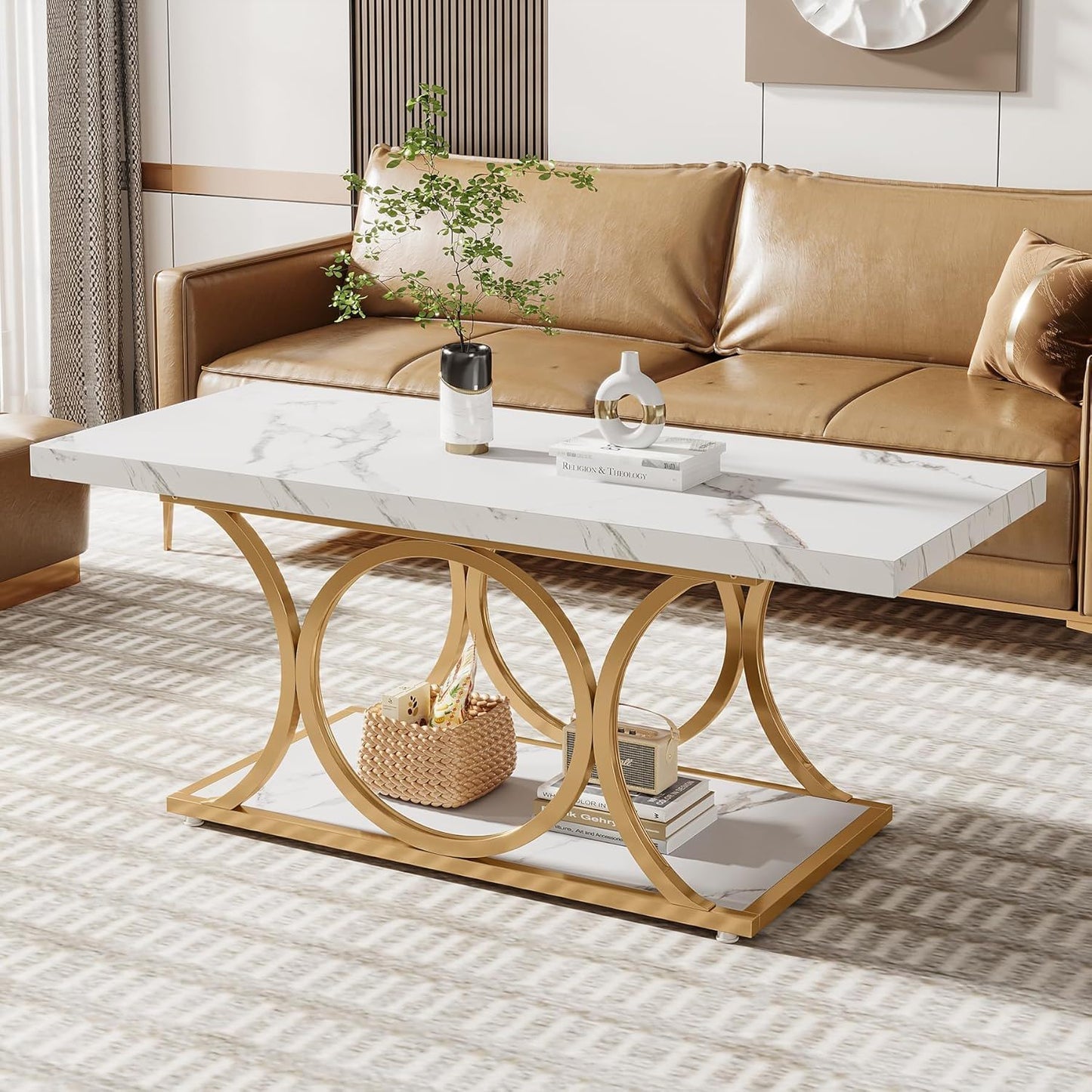 Rectangle coffee table with white marble top and gold geometric legs, 2-tier storage shelf on Tampa Home & Garden Store