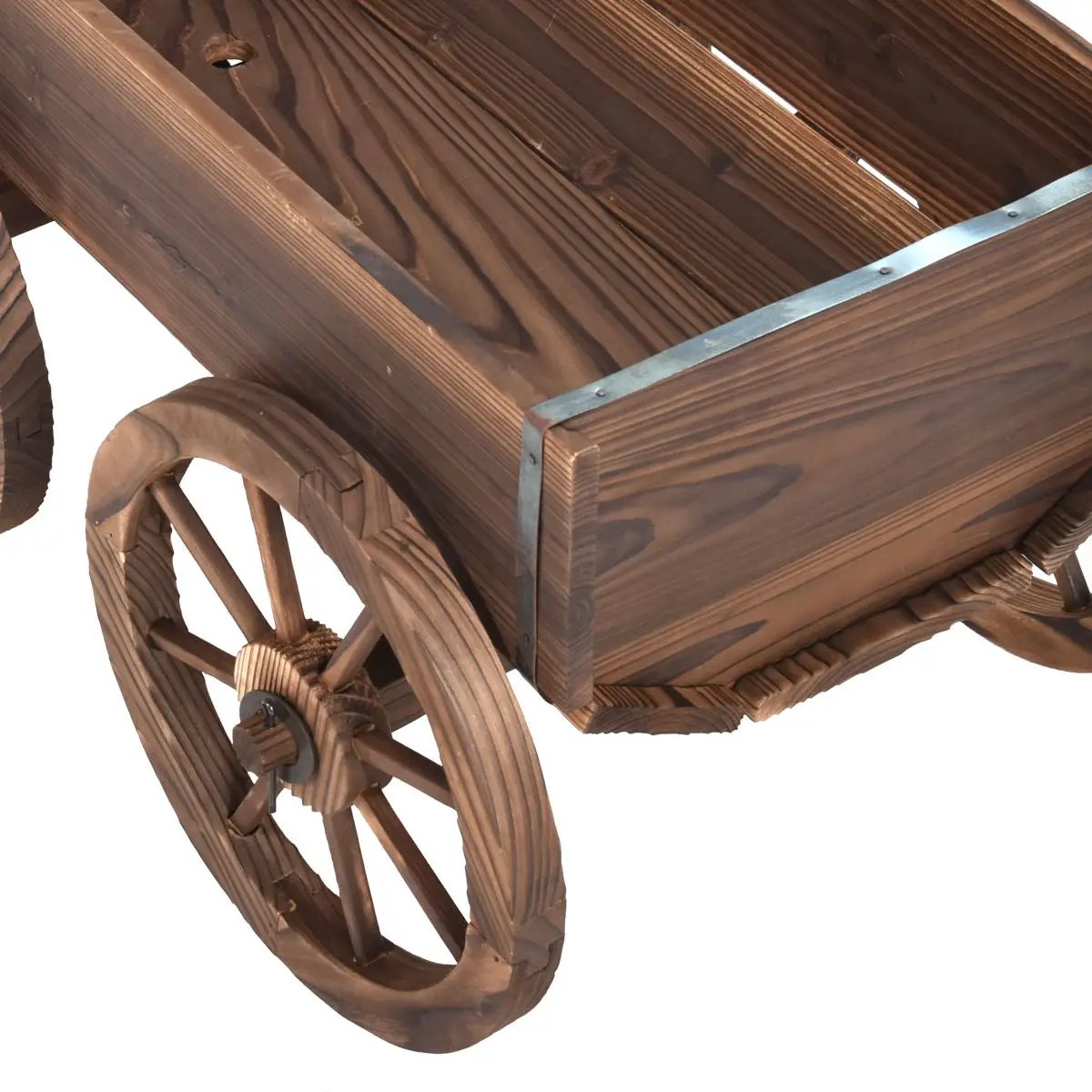 Wood wagon planter pot stand with wheels, brown stained wood and metal band accents on Tampa Home & Garden Store