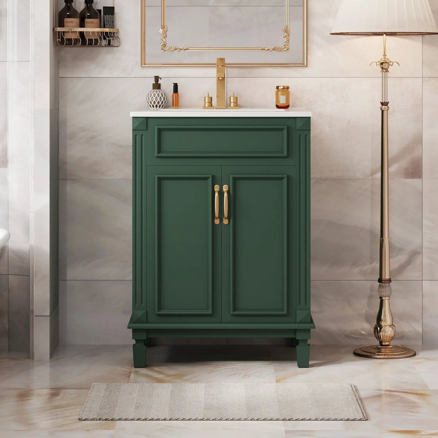 Green bathroom vanity with white countertop and gold hardware, two soft-closing doors on Tampa Home & Garden Store
