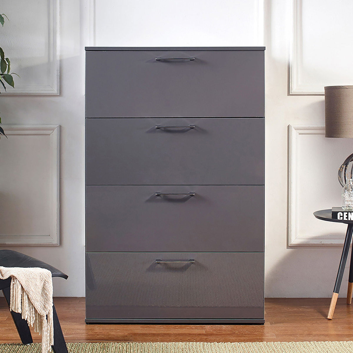 Glossy 4-drawer accent chest in dark gray with sleek metal handles for deep storage on Tampa Home & Garden Store