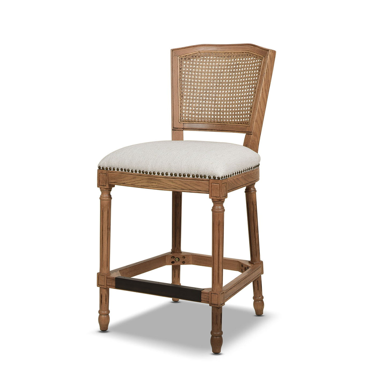 Rattan wicker high-back counter stool with oak frame and beige upholstered seat on Tampa Home & Garden Store