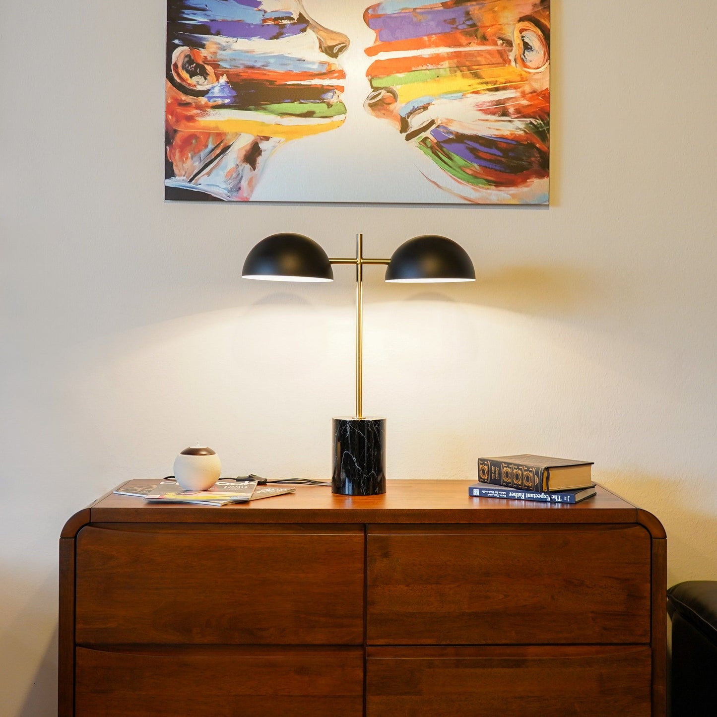 Nova Hydro table lamp with on/off switch, double black shades on a gold frame with marble base on Tampa Home & Garden Store