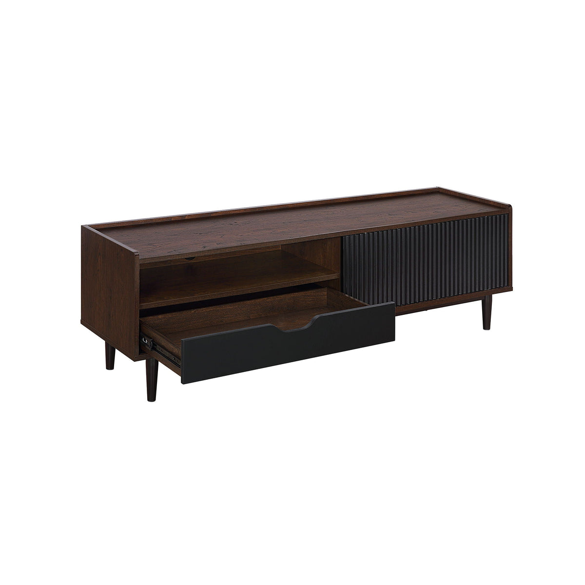 Fluted TV Stand with Sliding Door in dark wood, black ribbed front, open shelves HouseOfZazla on Tampa Home & Garden Store