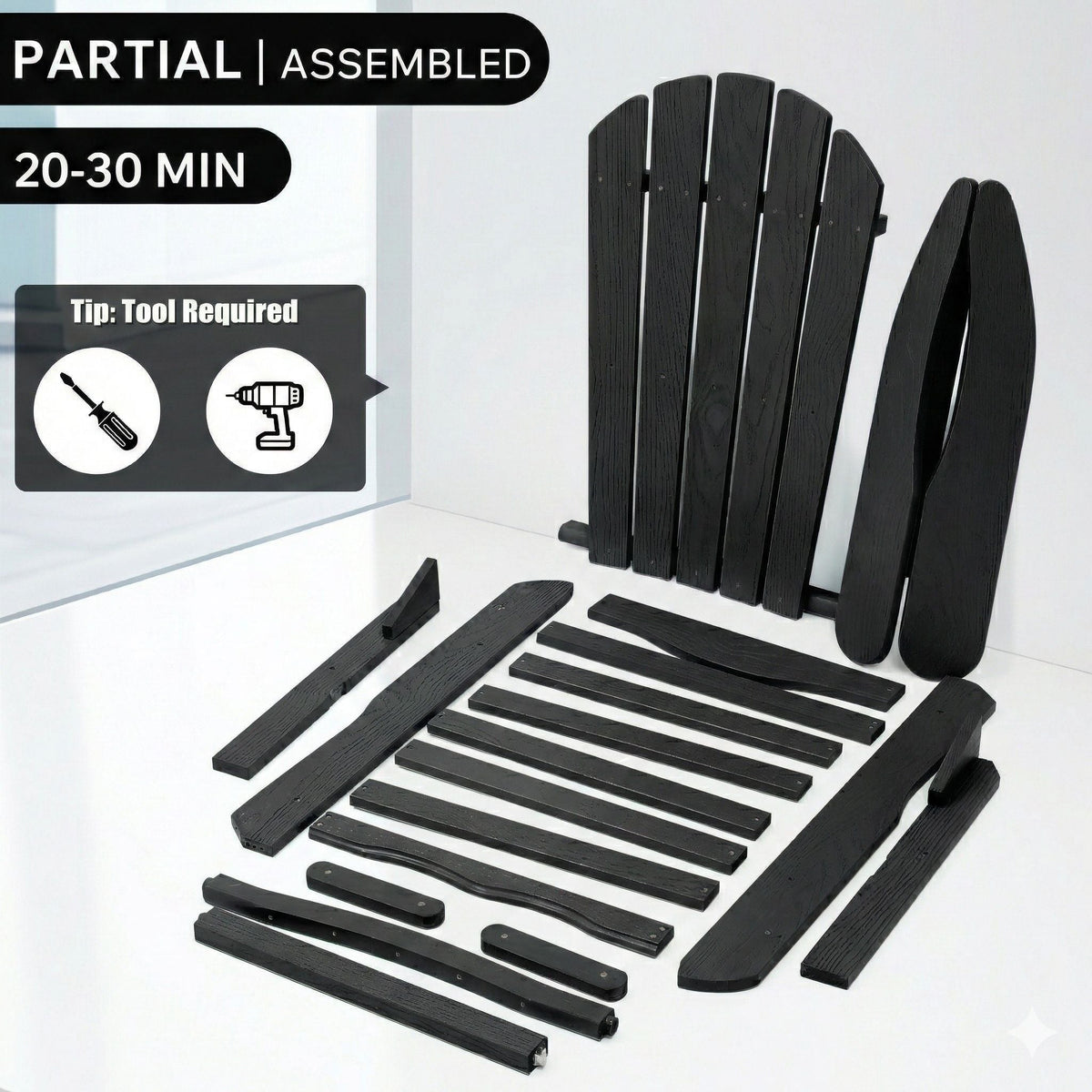 Folding Adirondack lounge chair parts in black embossed wood grain by HouseOfZazla on Tampa Home & Garden Store