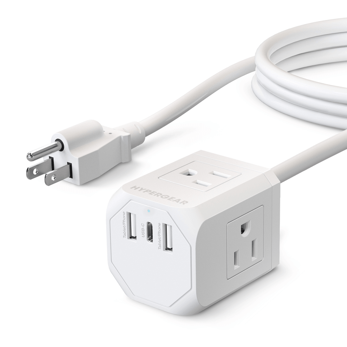Cube Multi-Port Power Strip, white, three USB-A ports and standard outlet, coiled cord on Tampa Home & Garden Store