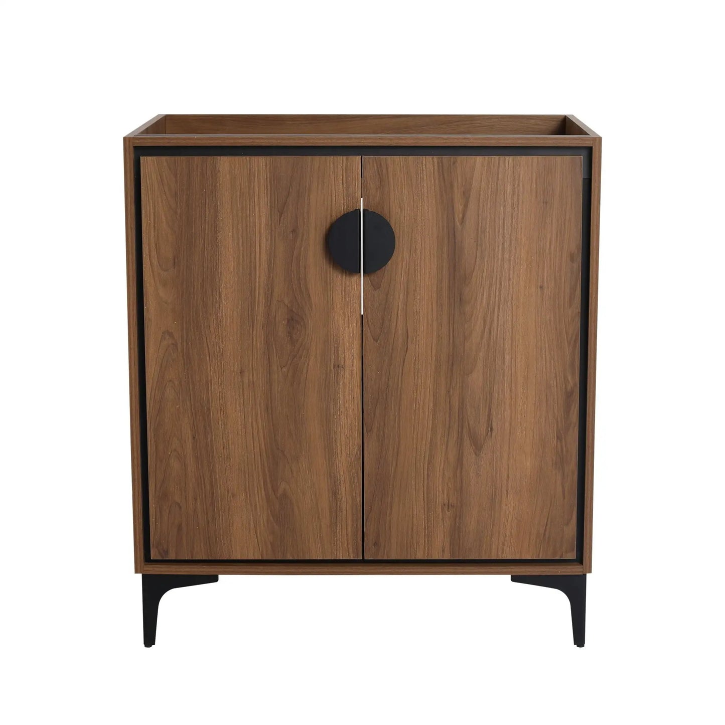 Two-door vanity cabinet in walnut finish engineered wood with black round pulls on Tampa Home & Garden Store